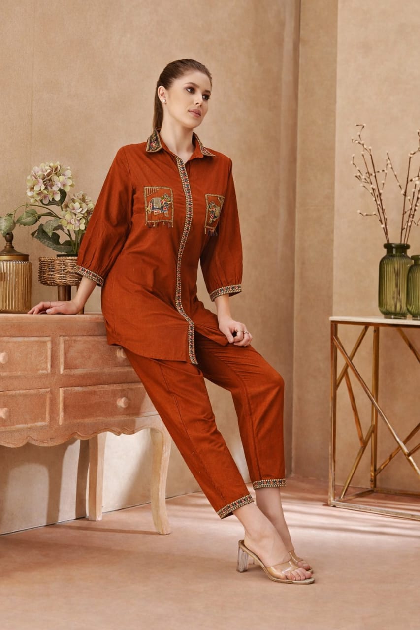 Women's Embroidered Cotton Rust Orange & Navy Blue Co-Ord Set | Designer Shirt & Pant Set | Attire Vogue