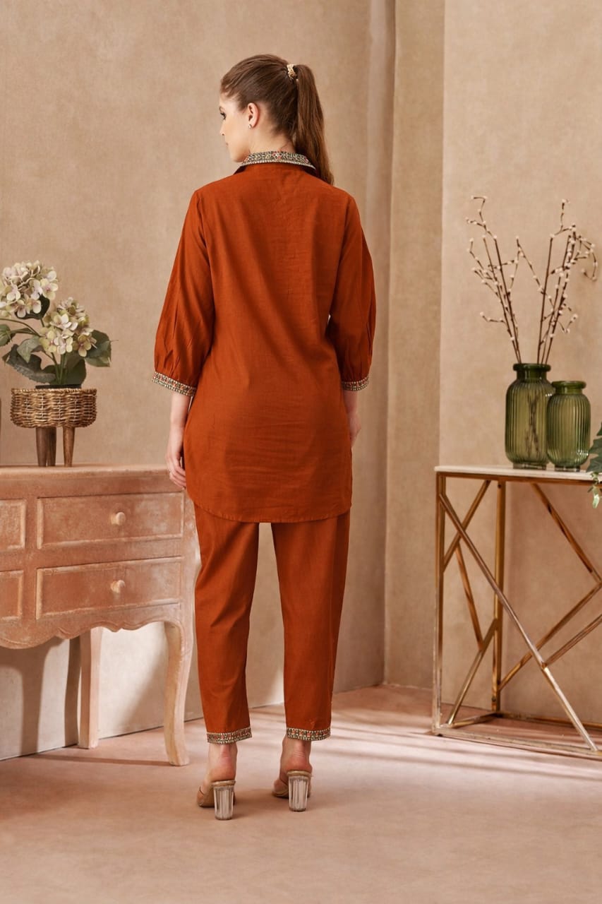 Women's Embroidered Cotton Rust Orange & Navy Blue Co-Ord Set | Designer Shirt & Pant Set | Attire Vogue
