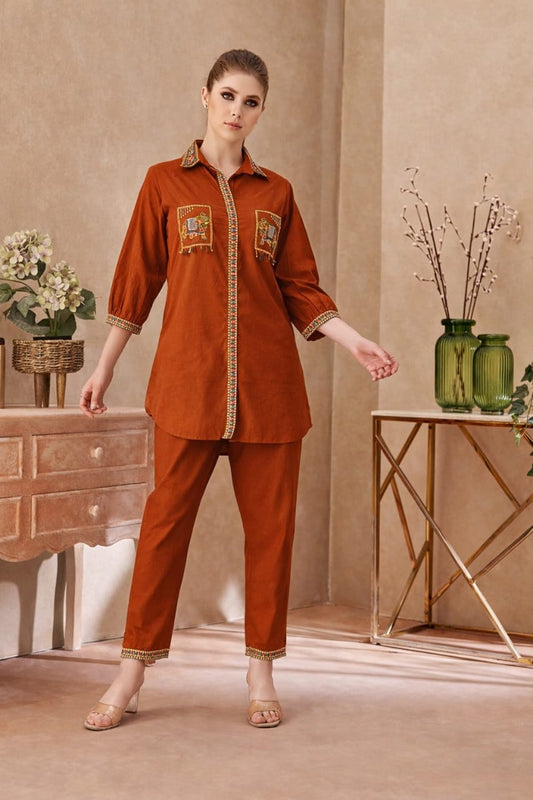Women's Embroidered Cotton Rust Orange & Navy Blue Co-Ord Set | Designer Shirt & Pant Set | Attire Vogue