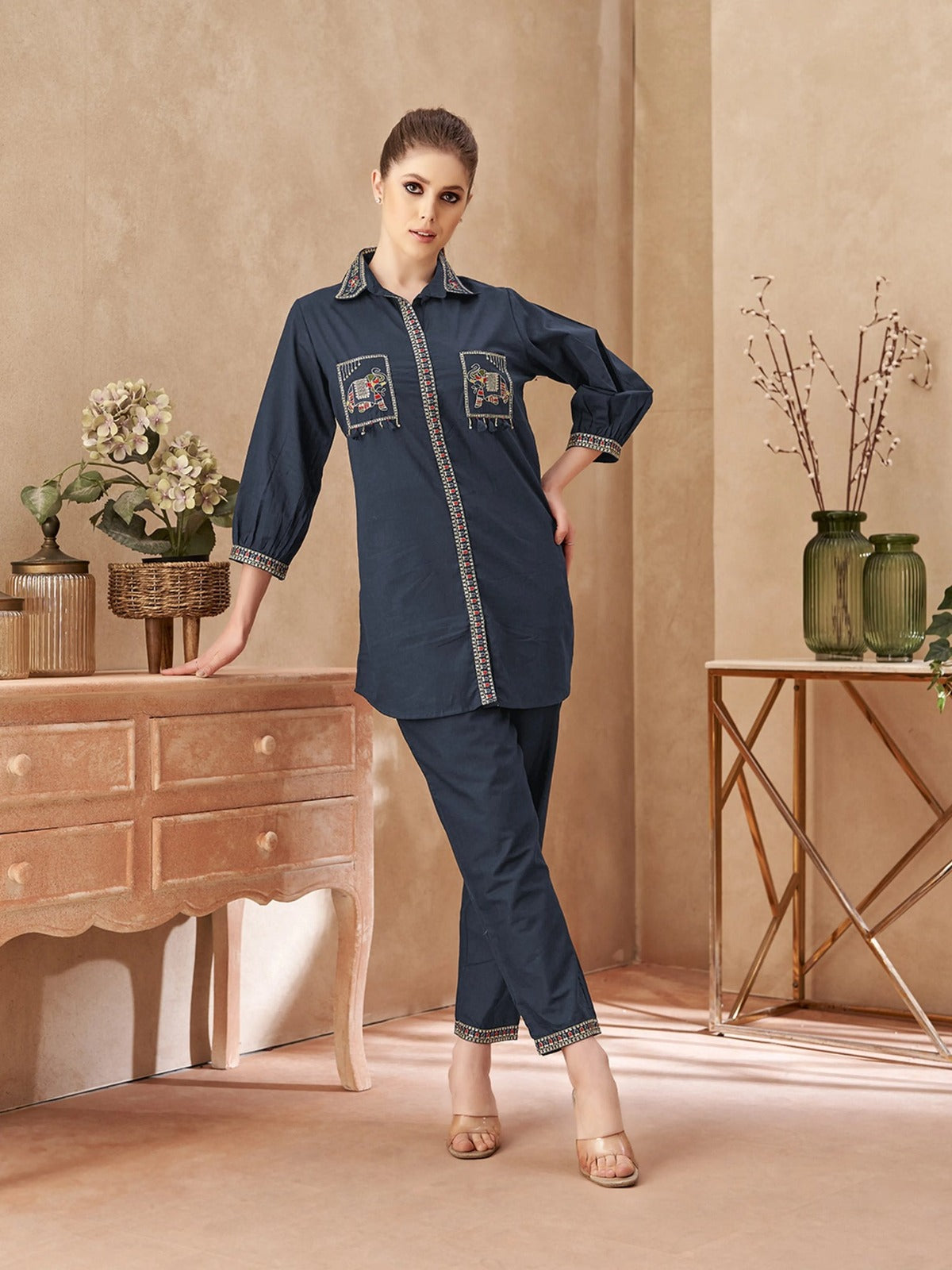 Women's Embroidered Cotton Rust Orange & Navy Blue Co-Ord Set | Designer Shirt & Pant Set | Attire Vogue