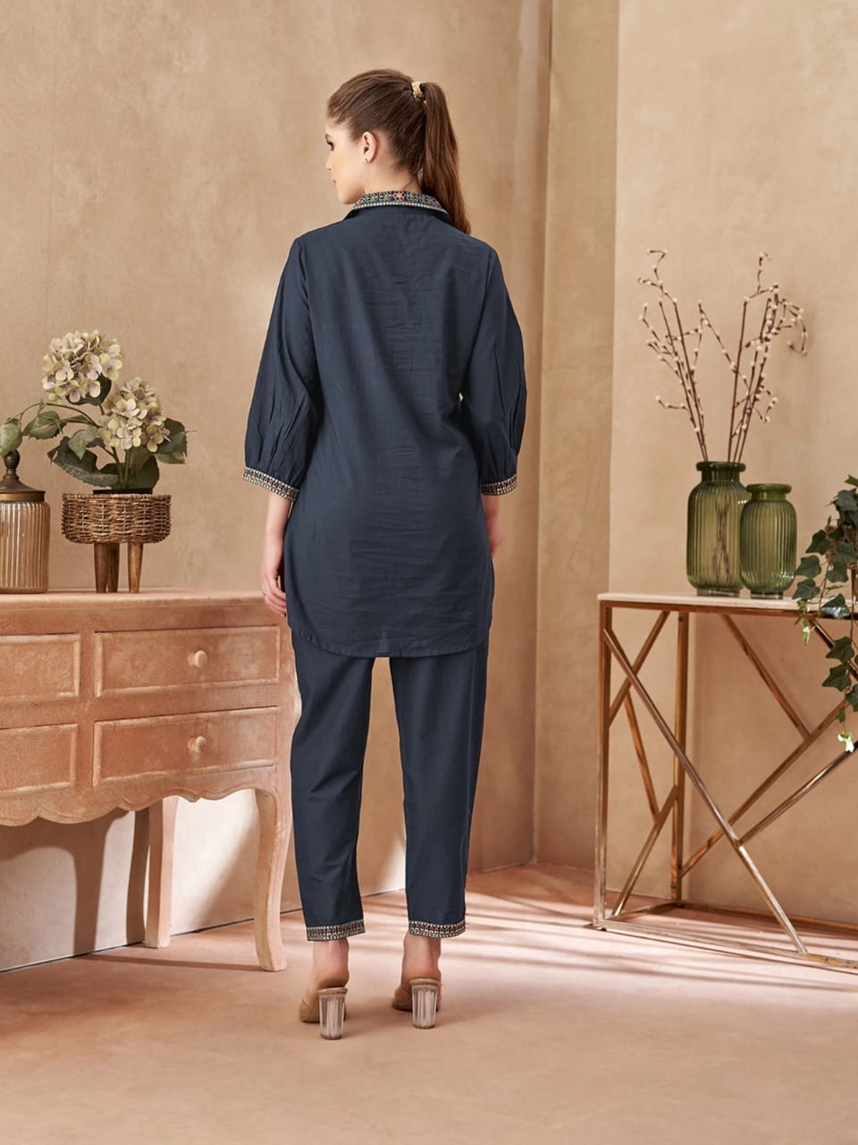 Women's Embroidered Cotton Rust Orange & Navy Blue Co-Ord Set | Designer Shirt & Pant Set | Attire Vogue
