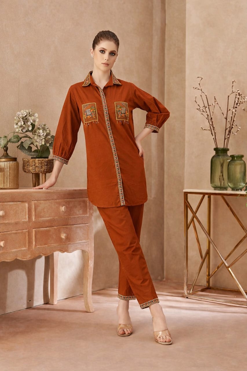 Women's Embroidered Cotton Rust Orange & Navy Blue Co-Ord Set | Designer Shirt & Pant Set | Attire Vogue