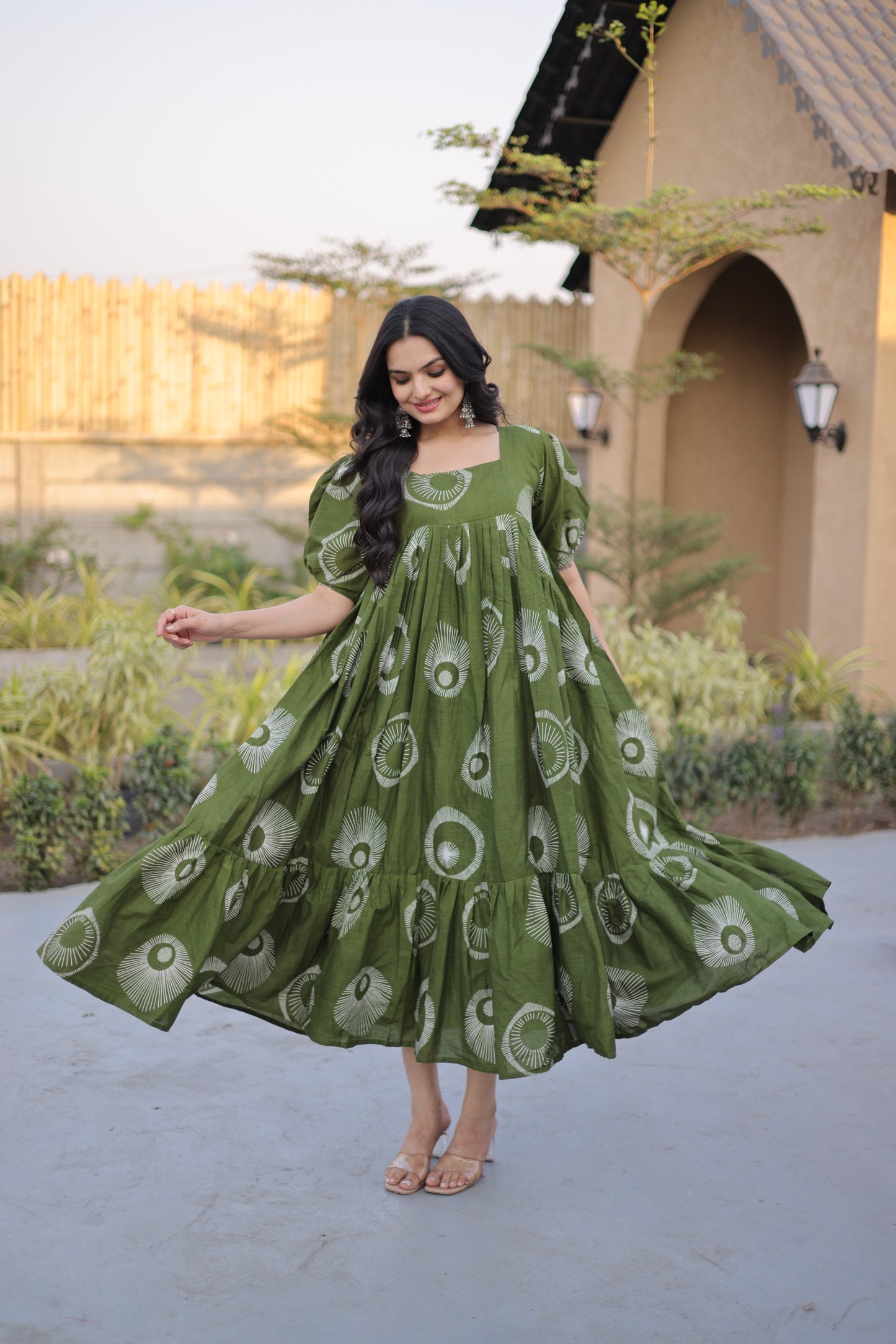 Olive Green Printed Cotton Anarkali Dress for Women | Flared Maxi Ethnic Wear