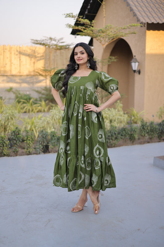Olive Green Printed Cotton Anarkali Dress for Women | Flared Maxi Ethnic Wear