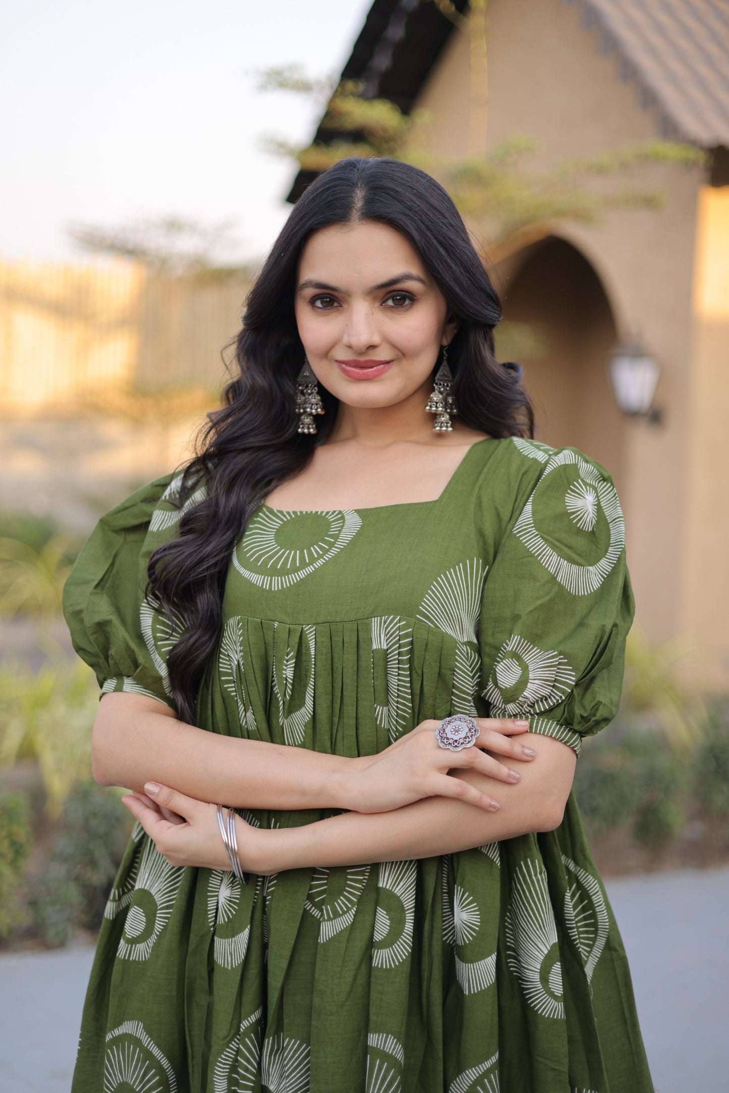 Olive Green Printed Cotton Anarkali Dress for Women | Flared Maxi Ethnic Wear