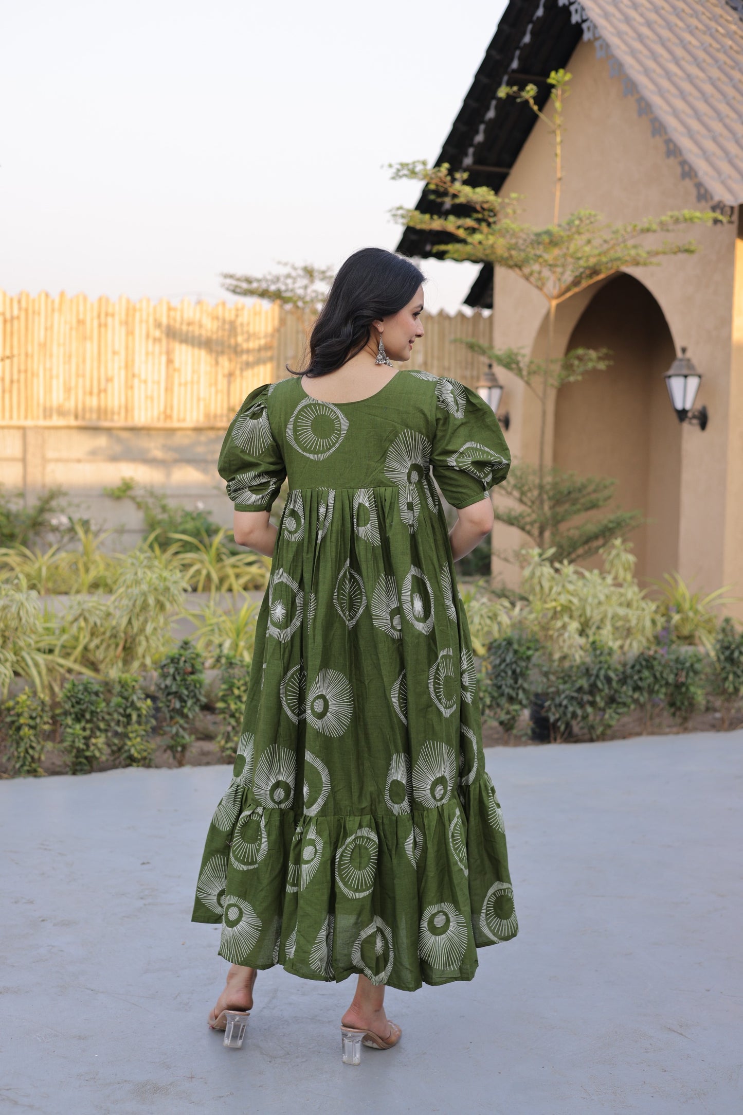 Olive Green Printed Cotton Anarkali Dress for Women | Flared Maxi Ethnic Wear