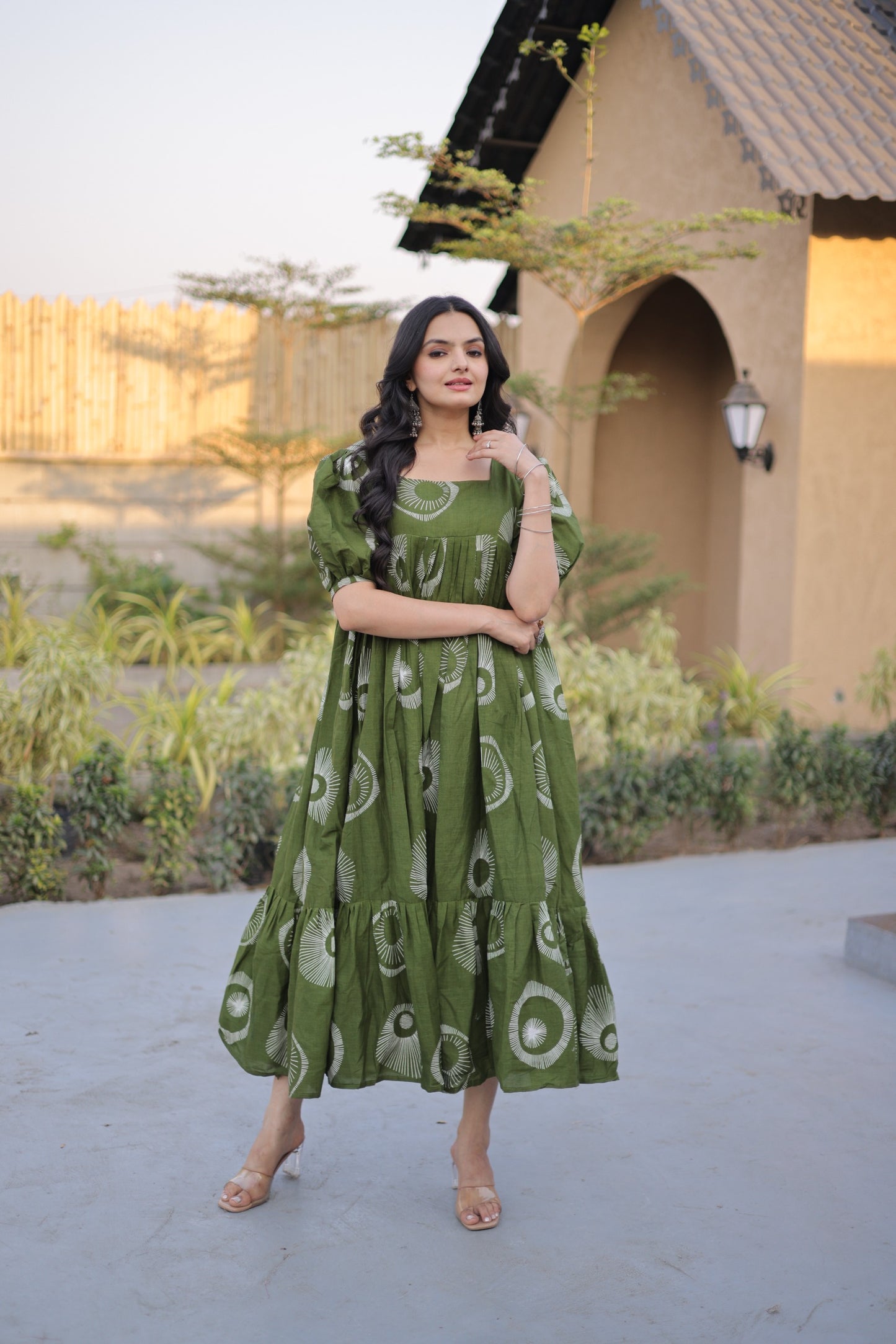 Olive Green Printed Cotton Anarkali Dress for Women | Flared Maxi Ethnic Wear