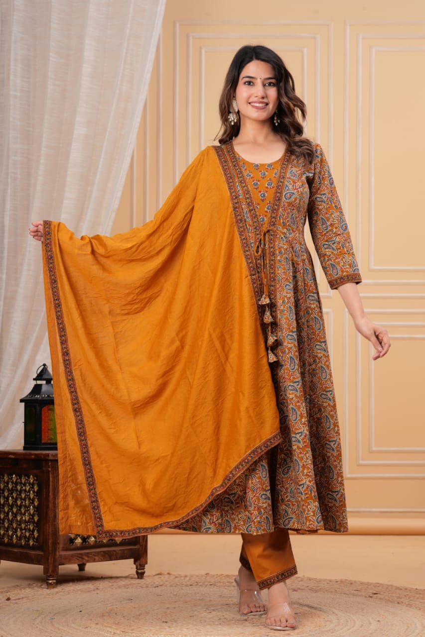 Premium Green & Mustard Yellow Floral Printed Anarkali Kurti Pant Dupatta Set for Women | Festive Ethnic Wear