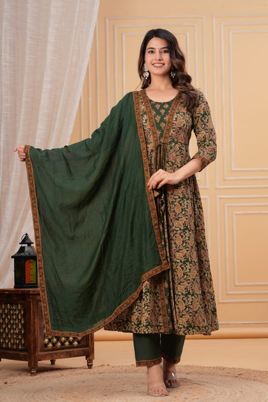 Premium Green & Mustard Yellow Floral Printed Anarkali Kurti Pant Dupatta Set for Women | Festive Ethnic Wear