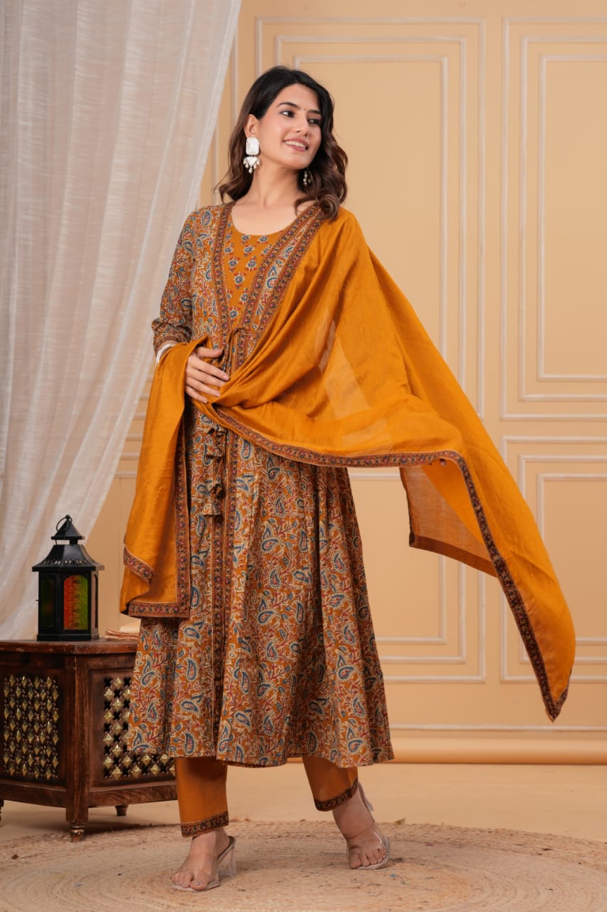Premium Green & Mustard Yellow Floral Printed Anarkali Kurti Pant Dupatta Set for Women | Festive Ethnic Wear
