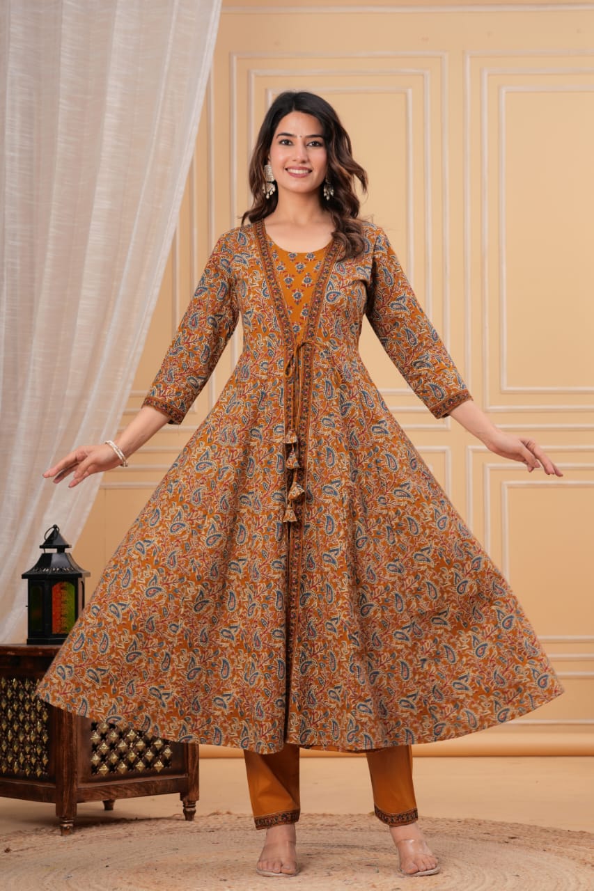 Premium Green & Mustard Yellow Floral Printed Anarkali Kurti Pant Dupatta Set for Women | Festive Ethnic Wear