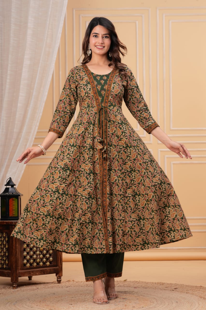 Premium Green & Mustard Yellow Floral Printed Anarkali Kurti Pant Dupatta Set for Women | Festive Ethnic Wear