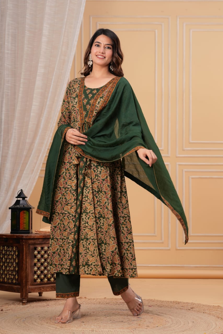 Premium Green & Mustard Yellow Floral Printed Anarkali Kurti Pant Dupatta Set for Women | Festive Ethnic Wear