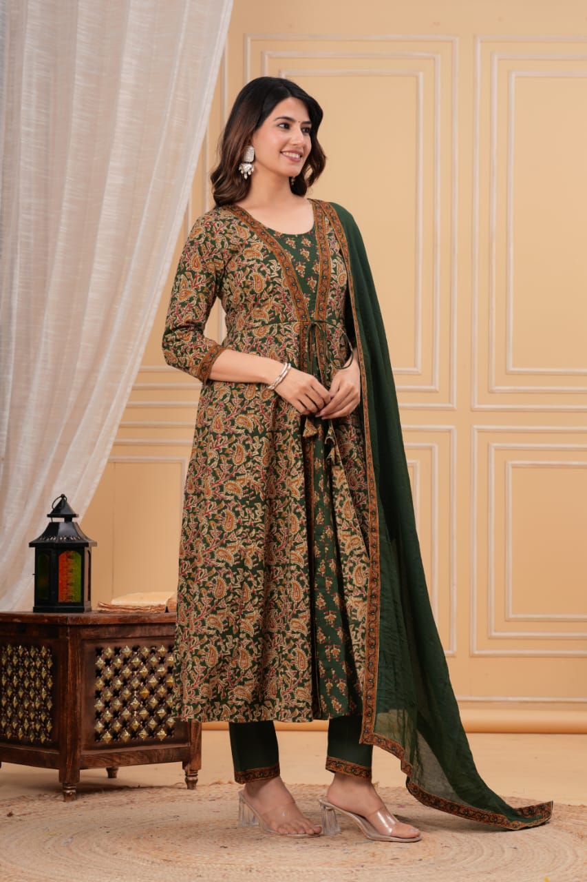 Premium Green & Mustard Yellow Floral Printed Anarkali Kurti Pant Dupatta Set for Women | Festive Ethnic Wear
