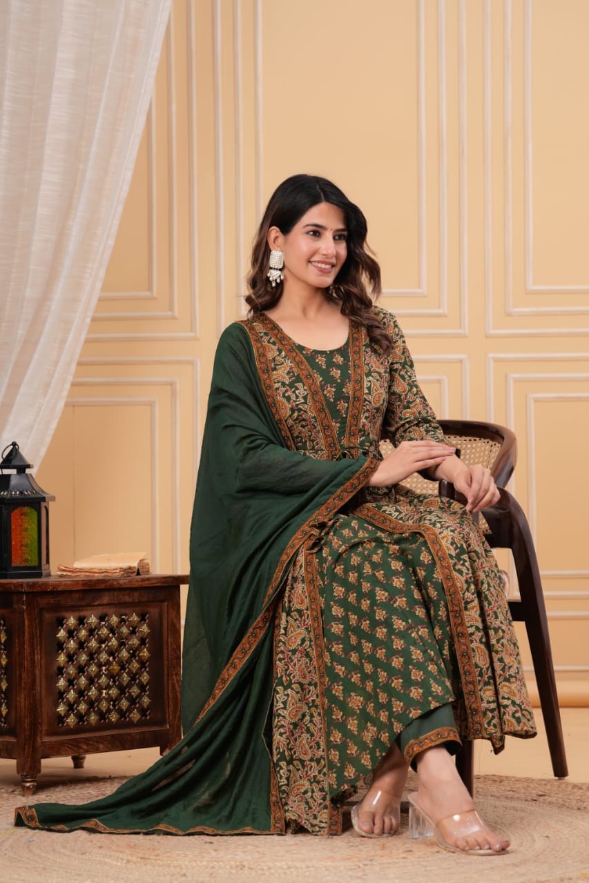 Premium Green & Mustard Yellow Floral Printed Anarkali Kurti Pant Dupatta Set for Women | Festive Ethnic Wear