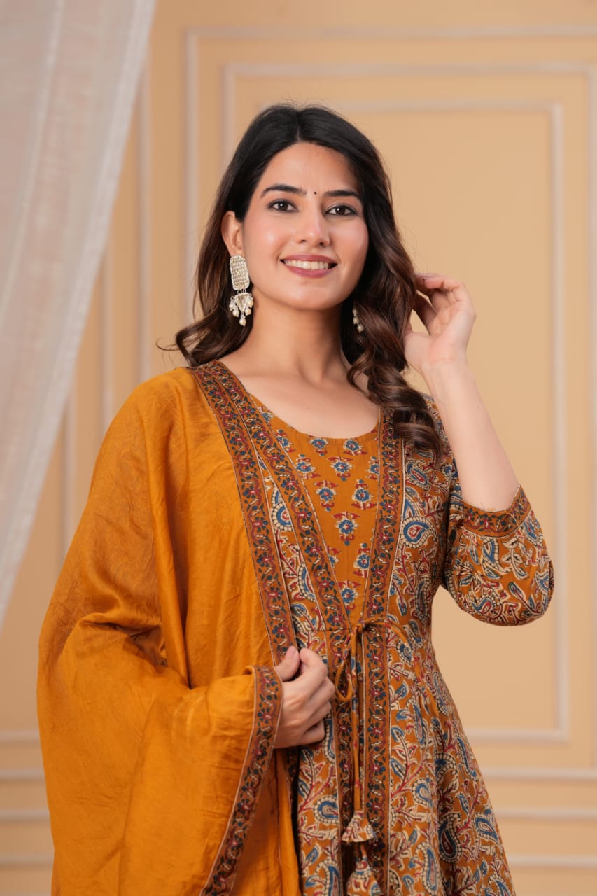 Premium Green & Mustard Yellow Floral Printed Anarkali Kurti Pant Dupatta Set for Women | Festive Ethnic Wear