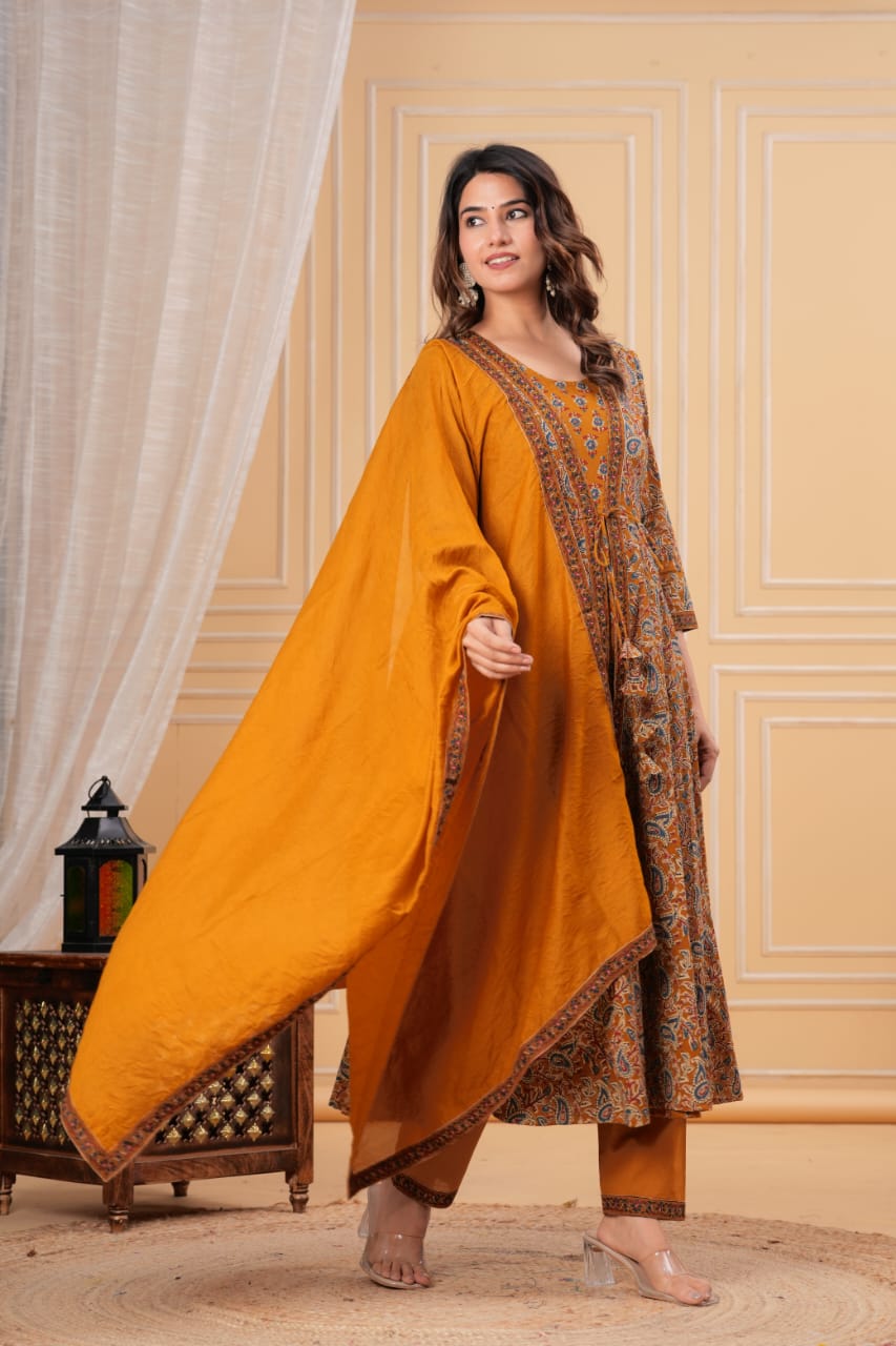 Premium Green & Mustard Yellow Floral Printed Anarkali Kurti Pant Dupatta Set for Women | Festive Ethnic Wear