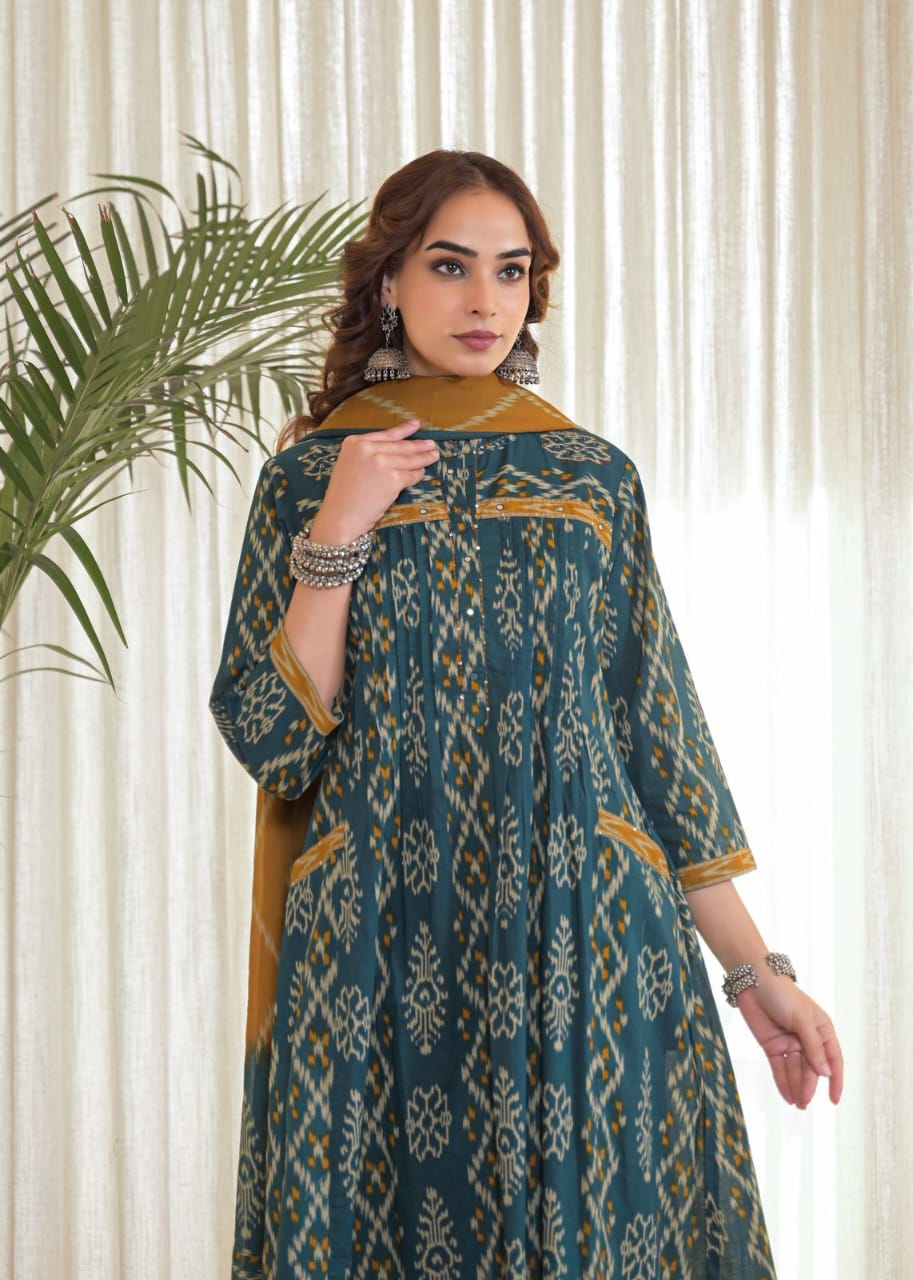 Women's Teal Printed A-Line Kurta Pant & Dupatta Set | Elegant Ethnic Wear for Festive & Casual Occasions