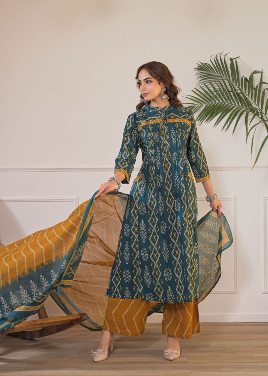 Women's Teal Printed A-Line Kurta Pant & Dupatta Set | Elegant Ethnic Wear for Festive & Casual Occasions