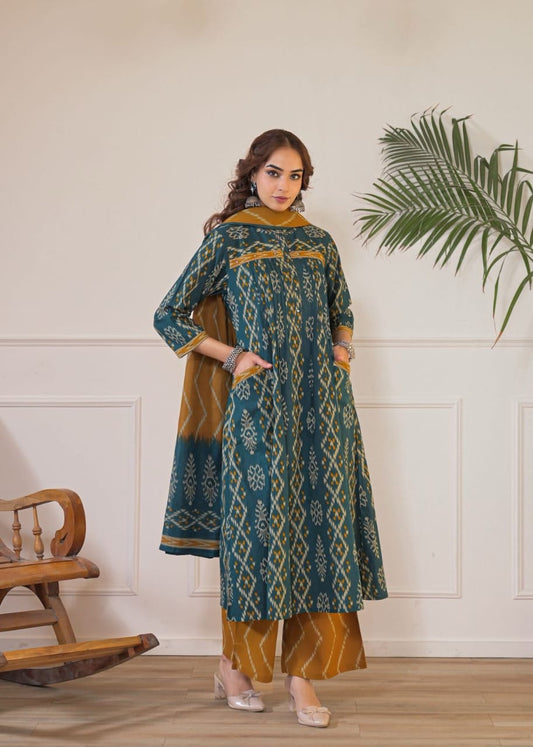 Women's Teal Printed A-Line Kurta Pant & Dupatta Set | Elegant Ethnic Wear for Festive & Casual Occasions