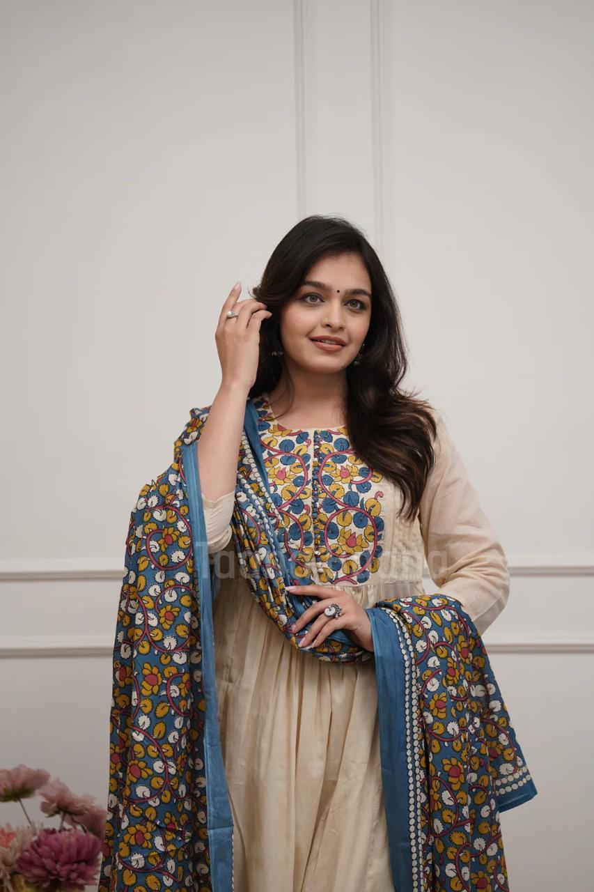 Premium Cream Embroidered Kurti Pant Set with Printed Dupatta for Women | Festive & Casual Wear