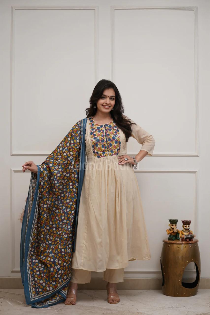 Premium Cream Embroidered Kurti Pant Set with Printed Dupatta for Women | Festive & Casual Wear