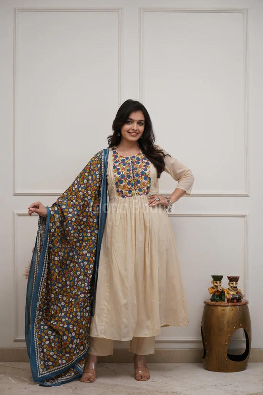 Premium Cream Embroidered Kurti Pant Set with Printed Dupatta for Women | Festive & Casual Wear