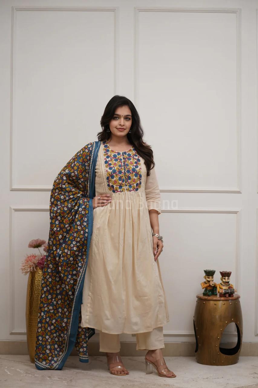 Premium Cream Embroidered Kurti Pant Set with Printed Dupatta for Women | Festive & Casual Wear