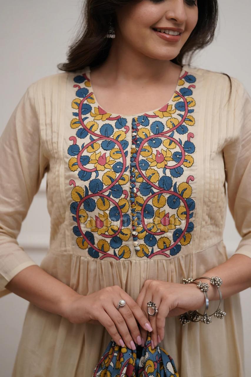 Premium Cream Embroidered Kurti Pant Set with Printed Dupatta for Women | Festive & Casual Wear