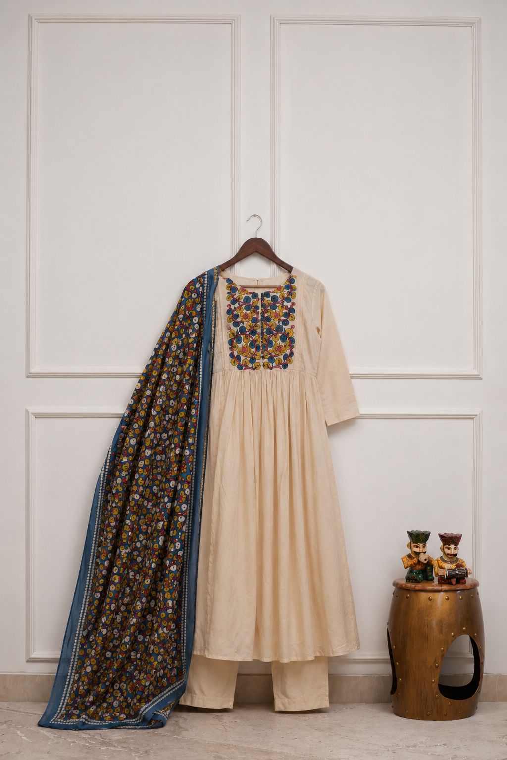 Premium Cream Embroidered Kurti Pant Set with Printed Dupatta for Women | Festive & Casual Wear
