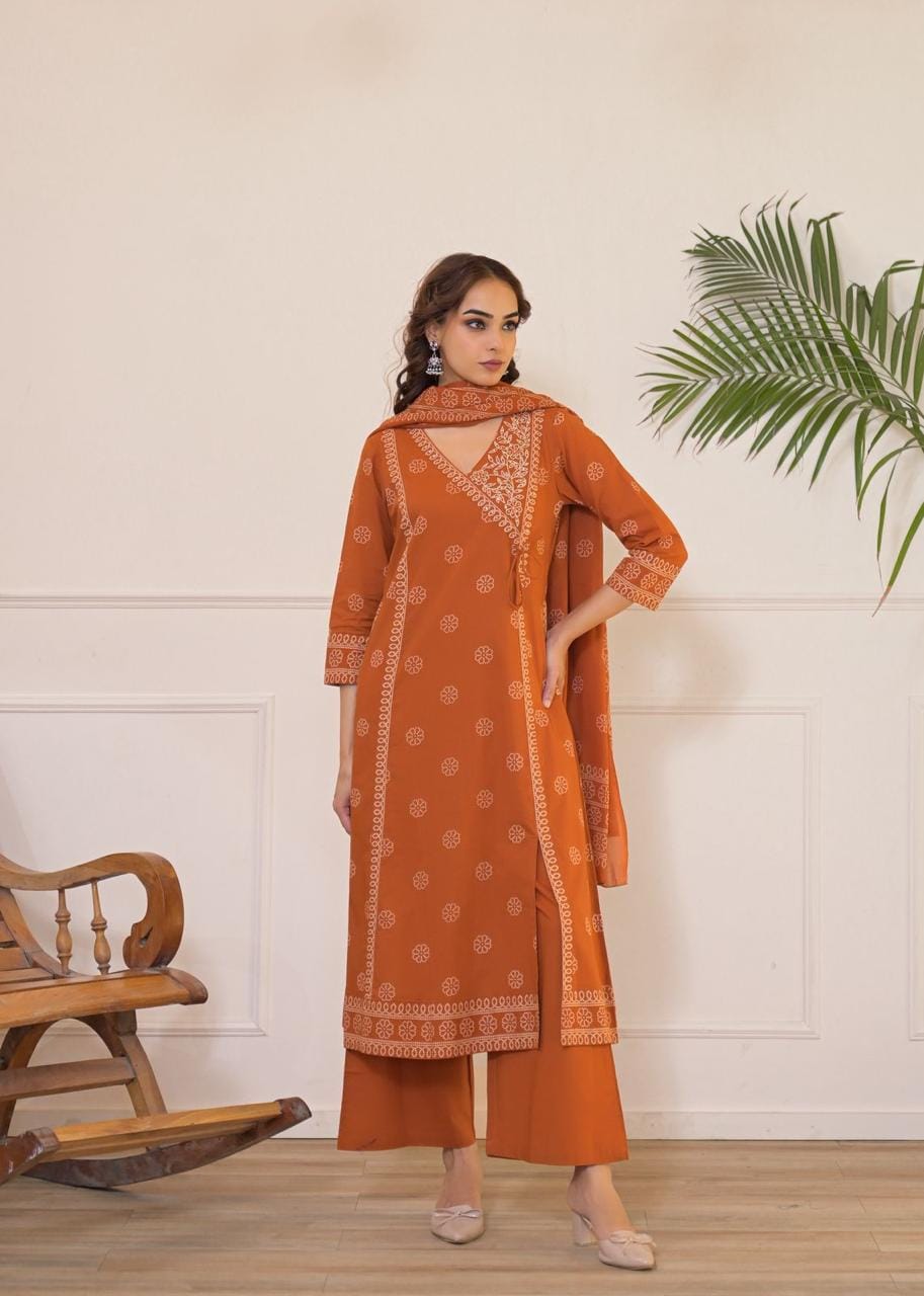 Women's Brown & Terracotta Orange Printed Angrakha A-Line Kurti Pant Dupatta Set | Stylish Ethnic Wear
