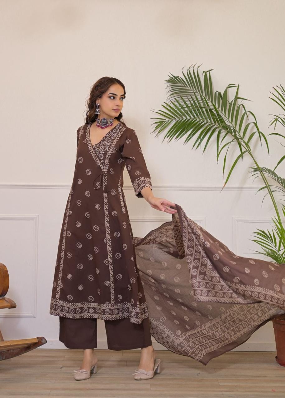 Women's Brown & Terracotta Orange Printed Angrakha A-Line Kurti Pant Dupatta Set | Stylish Ethnic Wear