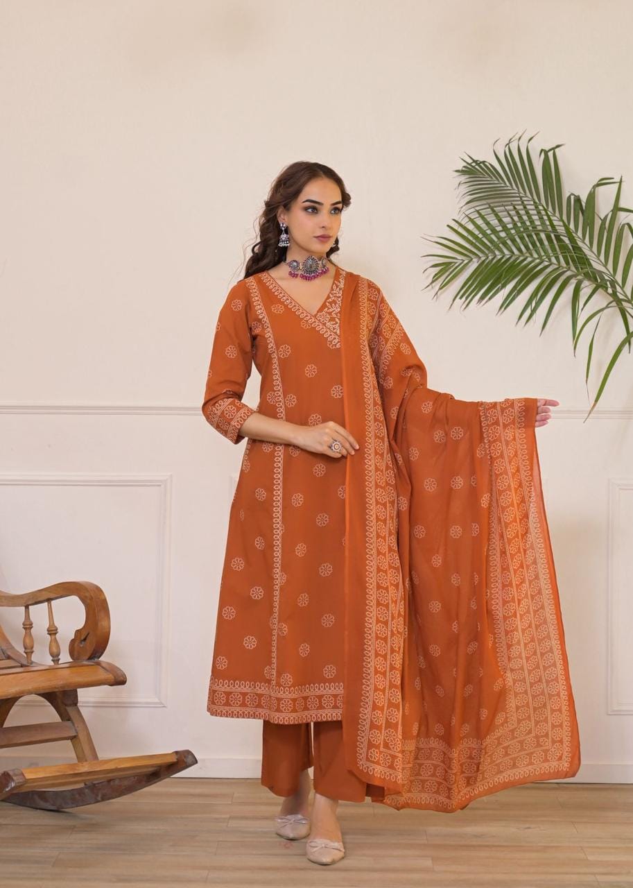 Women's Brown & Terracotta Orange Printed Angrakha A-Line Kurti Pant Dupatta Set | Stylish Ethnic Wear