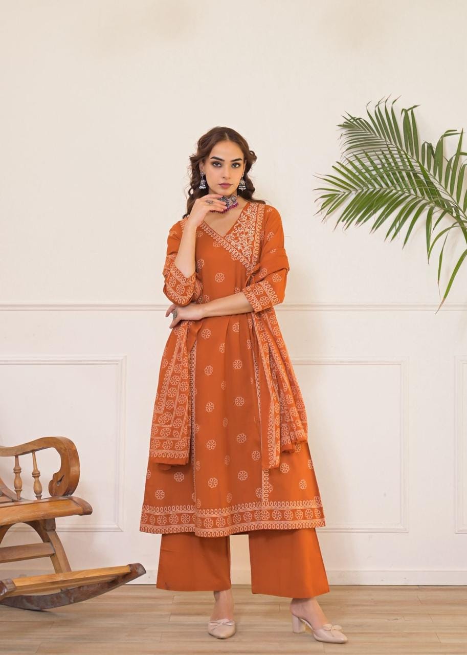 Women's Brown & Terracotta Orange Printed Angrakha A-Line Kurti Pant Dupatta Set | Stylish Ethnic Wear