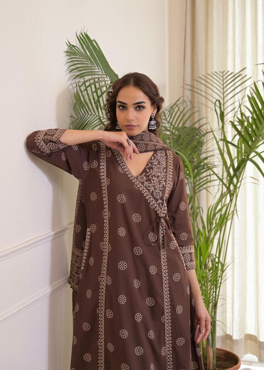 Women's Brown & Terracotta Orange Printed Angrakha A-Line Kurti Pant Dupatta Set | Stylish Ethnic Wear