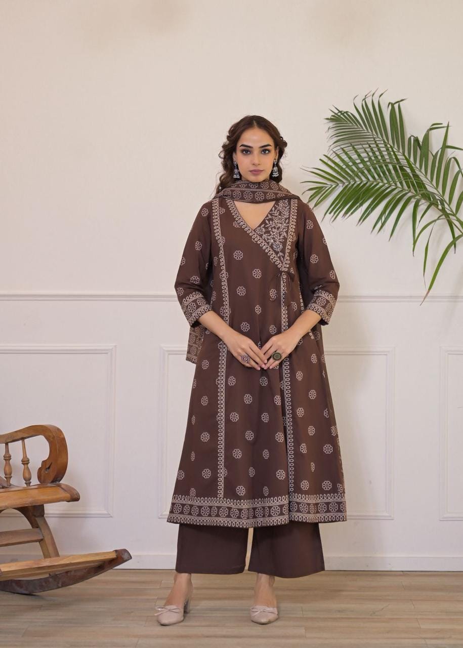Women's Brown & Terracotta Orange Printed Angrakha A-Line Kurti Pant Dupatta Set | Stylish Ethnic Wear