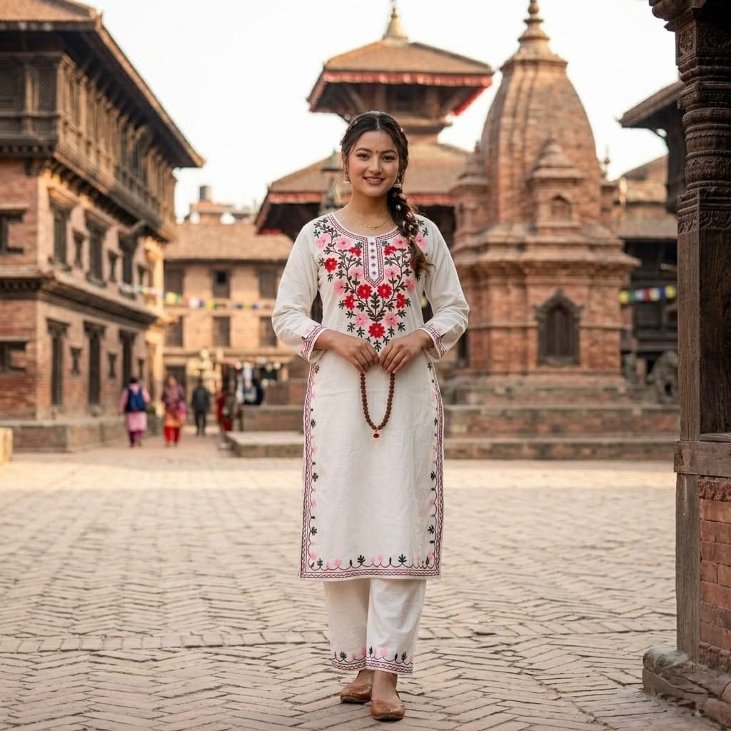 Women’s Premium Cotton Kurti Pant Set with Floral Embroidery | Ethnic Straight Pink & White Kurta & Pant Set