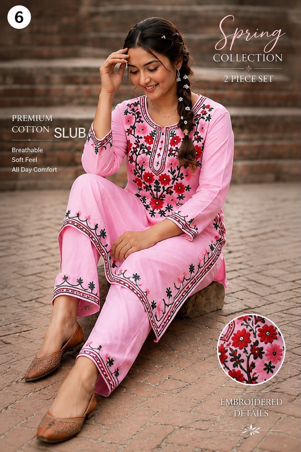Women’s Premium Cotton Kurti Pant Set with Floral Embroidery | Ethnic Straight Pink & White Kurta & Pant Set