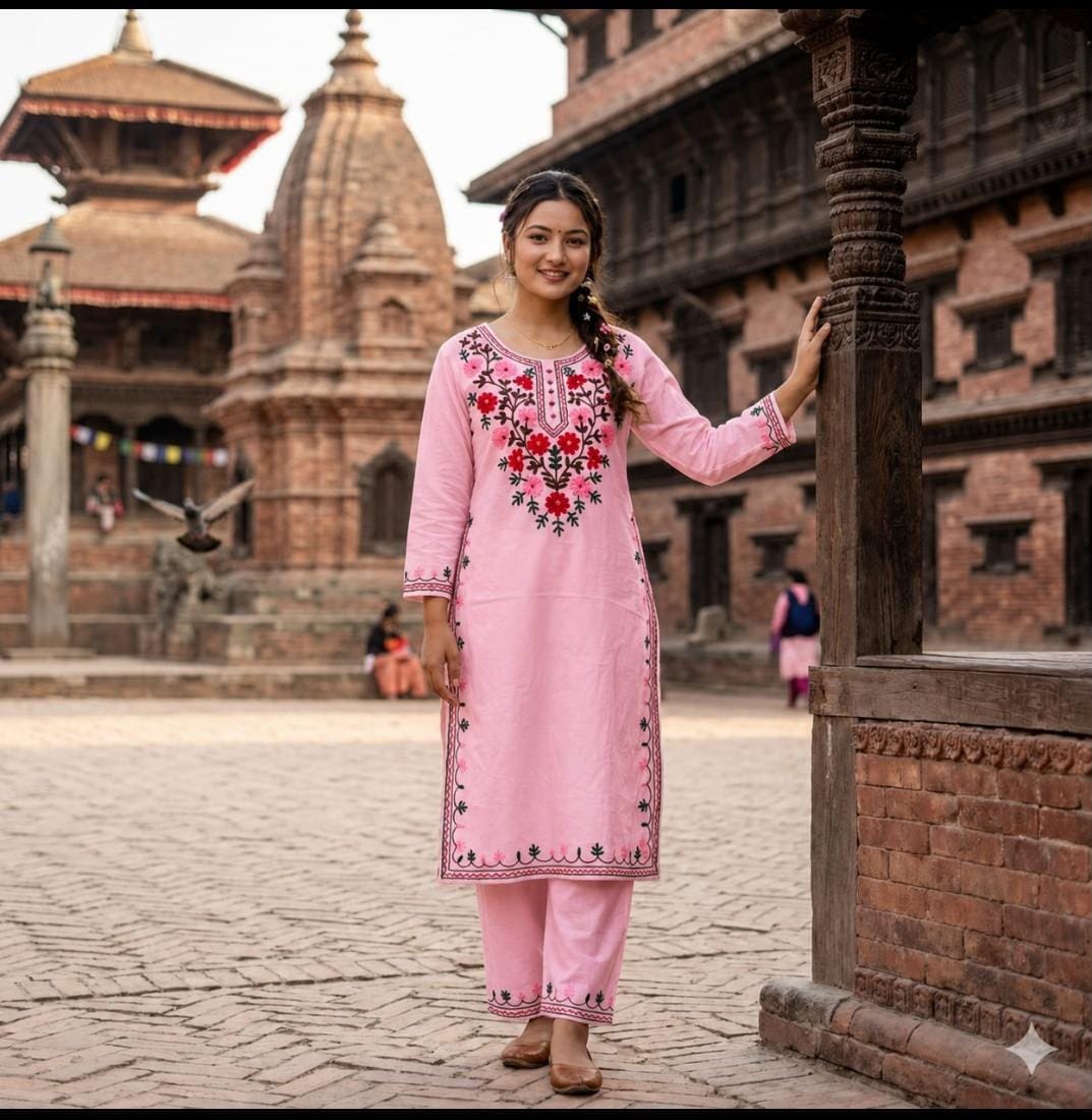 Women’s Premium Cotton Kurti Pant Set with Floral Embroidery | Ethnic Straight Pink & White Kurta & Pant Set