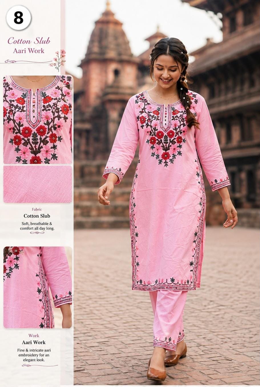 Women’s Premium Cotton Kurti Pant Set with Floral Embroidery | Ethnic Straight Pink & White Kurta & Pant Set