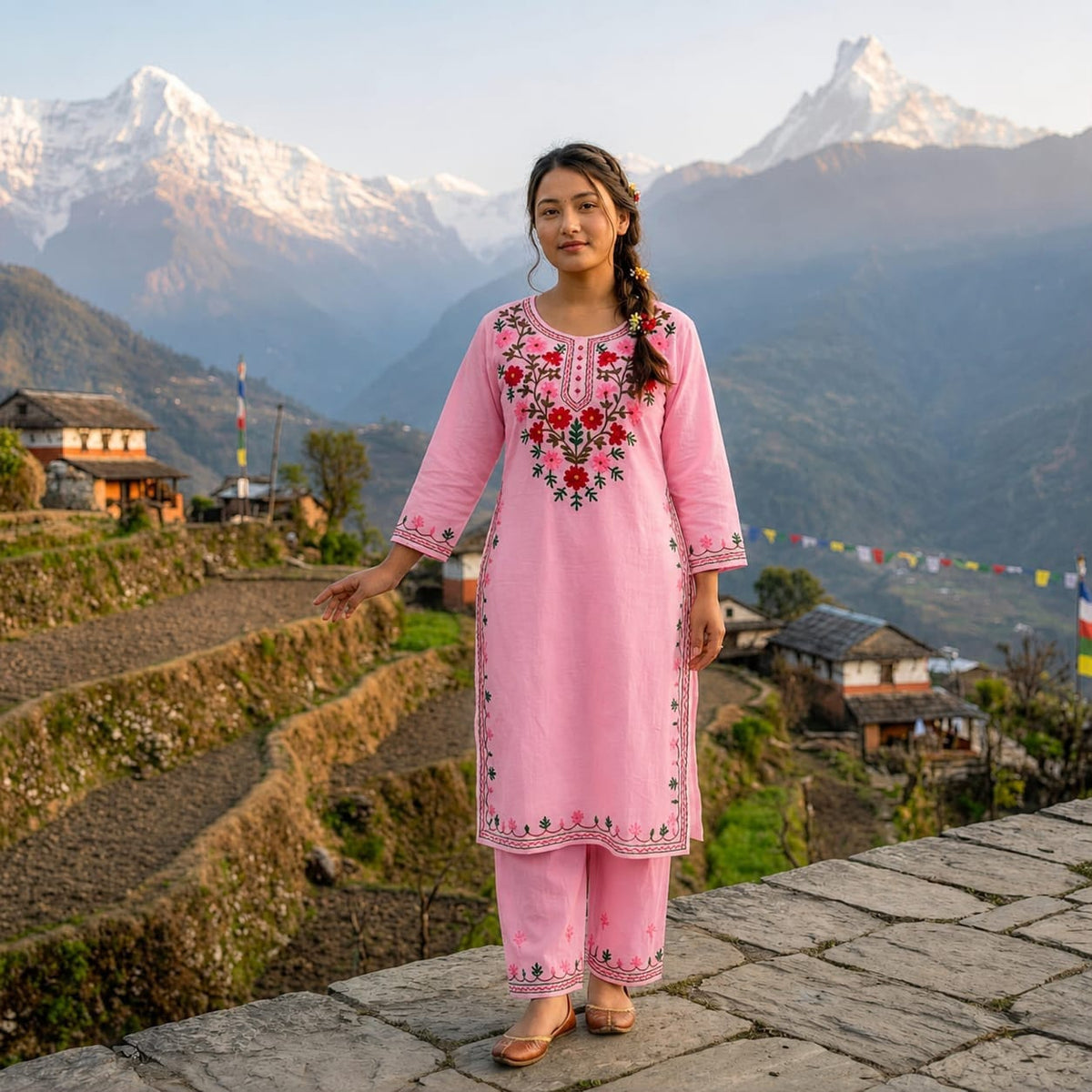Women’s Premium Cotton Kurti Pant Set with Floral Embroidery | Ethnic Straight Pink & White Kurta & Pant Set