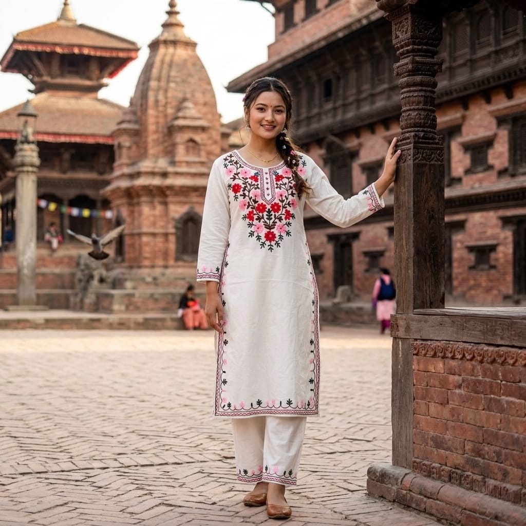 Women’s Premium Cotton Kurti Pant Set with Floral Embroidery | Ethnic Straight Pink & White Kurta & Pant Set
