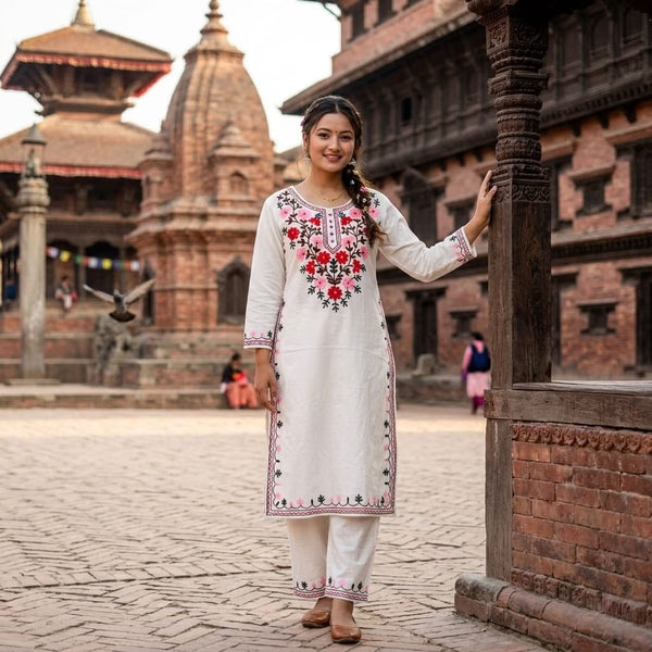 Women’s Premium Cotton Kurti Pant Set with Floral Embroidery | Ethnic Straight Pink & White Kurta & Pant Set