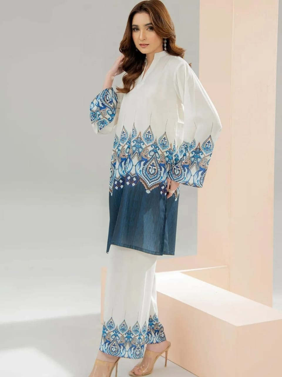 Premium Women’s White & Blue Printed Kurti Pant Set | Designer Ethnic Co-Ord Set | Elegant Cotton Kurta Palazzo Set
