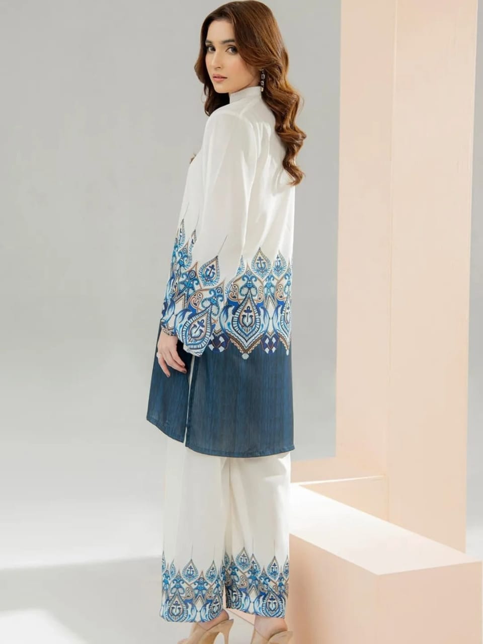 Premium Women’s White & Blue Printed Kurti Pant Set | Designer Ethnic Co-Ord Set | Elegant Cotton Kurta Palazzo Set