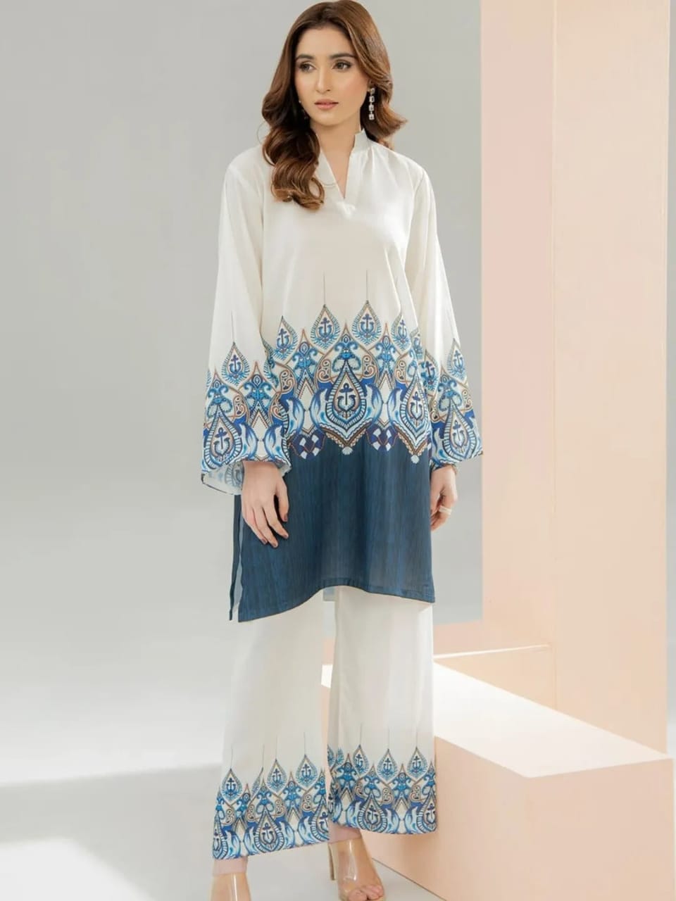 Premium Women’s White & Blue Printed Kurti Pant Set | Designer Ethnic Co-Ord Set | Elegant Cotton Kurta Palazzo Set