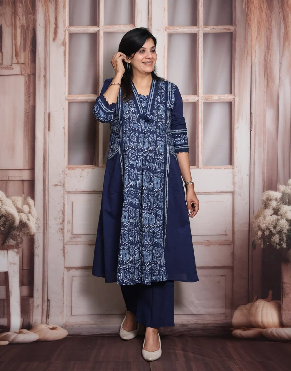 Blue Kalamkari A-Line Kurti with Pant | Printed Ethnic Kurta Set for Women