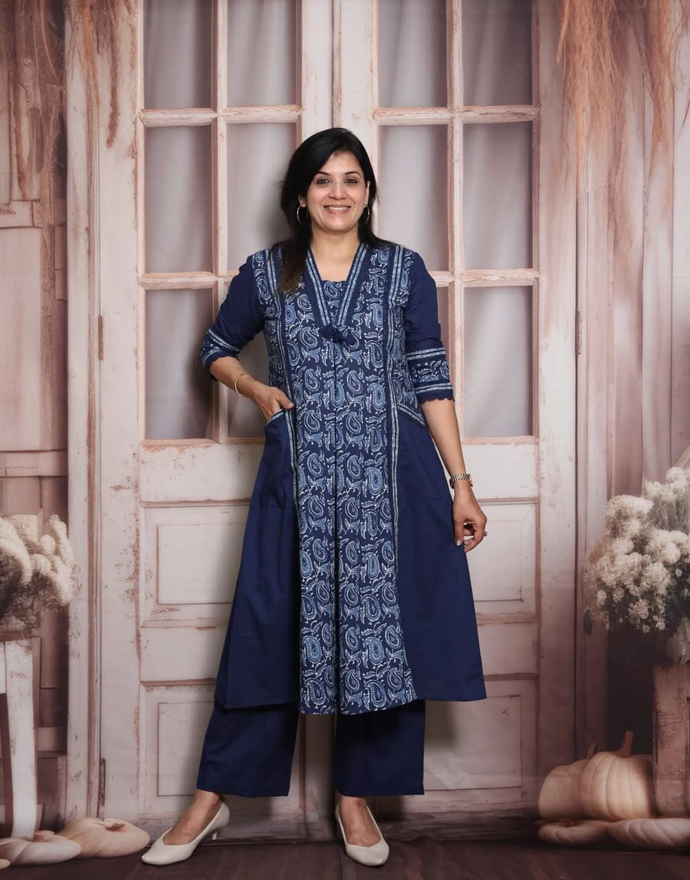 Blue Kalamkari A-Line Kurti with Pant | Printed Ethnic Kurta Set for Women