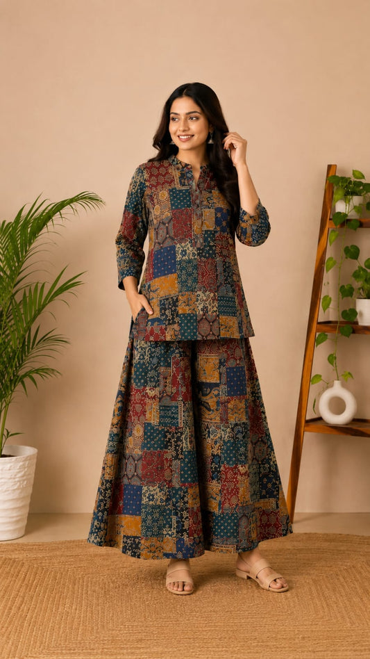 Women’s Printed Kurta Palazzo Set | Stylish Cotton Blend Kurta with Wide-Leg Palazzo | Festive & Casual Wear