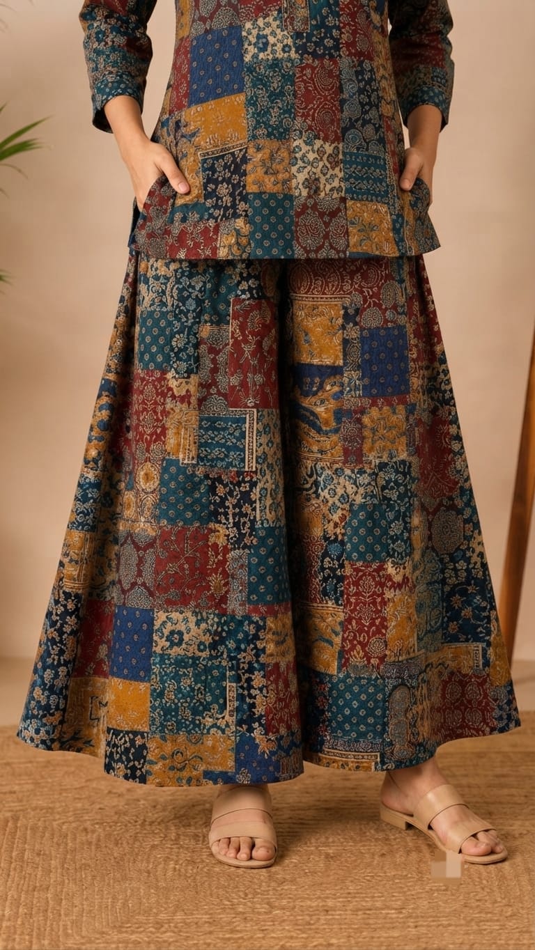 Women’s Printed Kurta Palazzo Set | Stylish Cotton Blend Kurta with Wide-Leg Palazzo | Festive & Casual Wear